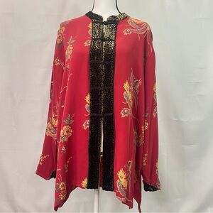 Chico’s Silk Printed Kimono Jacket Tunic Size 3 Vintage Red Leopard Art To Wear